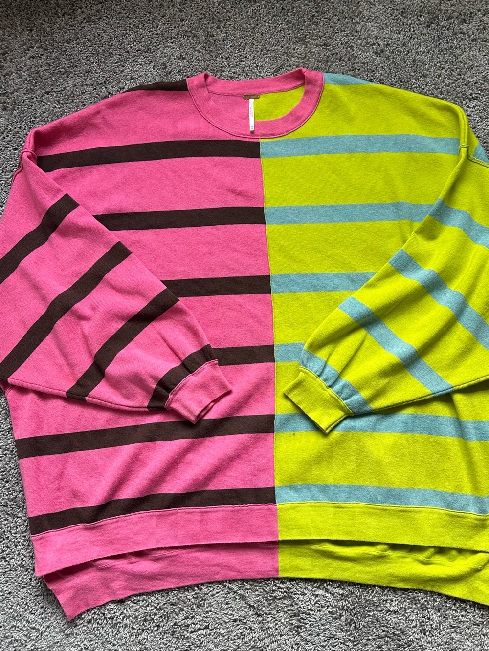 Free People Split-Panel Striped Crewneck Sweater in Pink & Lime